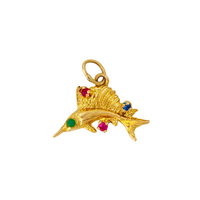 14K Gelbgold Schwertfisch Anhänger Saphir Akzente Maritim Fisch Charm