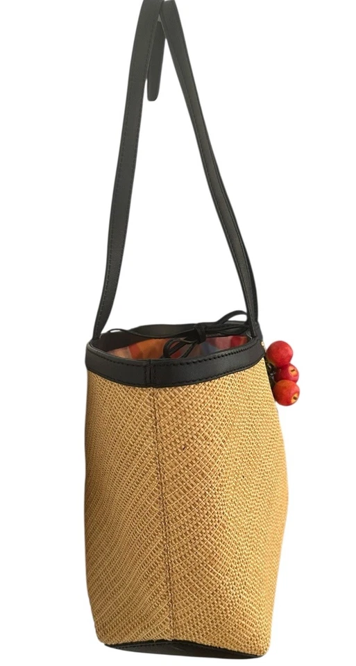 Cole Haan соломы покупатель Дамская сумка сумка с короткими ручками натуральный с черной кожаной отделкой с подкладкой новый с Ярлыками - Изображение 3 из 4