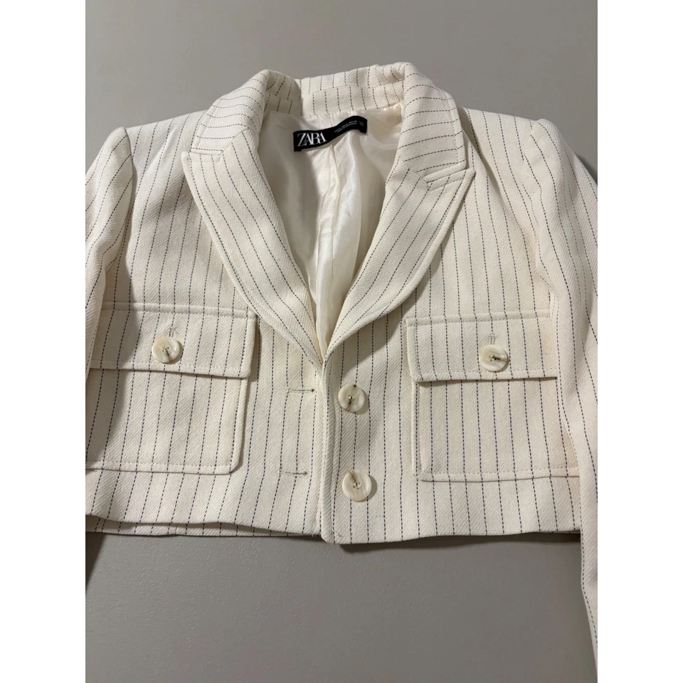 Zara Cream Pinstripe Cropped Blazer Jacket Size S Classic Chic Office - Image 3 of 4