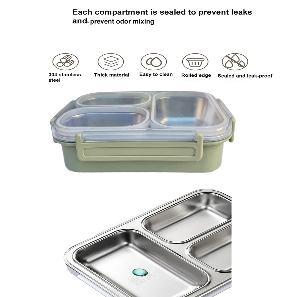 Bento Box Lunch Box Stainless Steel Food Container with 3 Compartments is Sealed