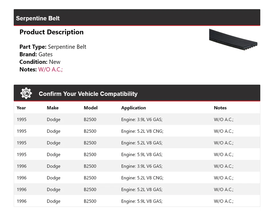 Puertas de cinturón serpentine para Dodge B2500 1995-1996 Foto 2 de 4