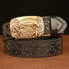 Men's Genuine Leather Belt Automatic Buckle Eagle Designer Western Cowboy Strap-