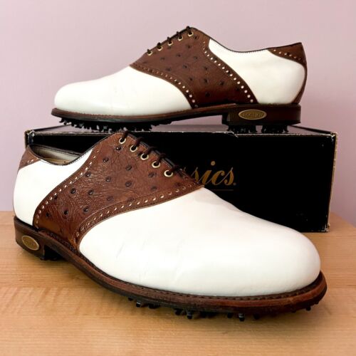 Chaussures de golf VINTAGE FootJoy Classics cuir blanc marron autruche hommes 12D - Photo 1 sur 16