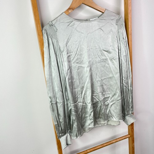 Witchery Top Womens 10 Silver Satin Long Sleeve Smocked Cuff Shoulder Round Neck - Picture 2 of 12