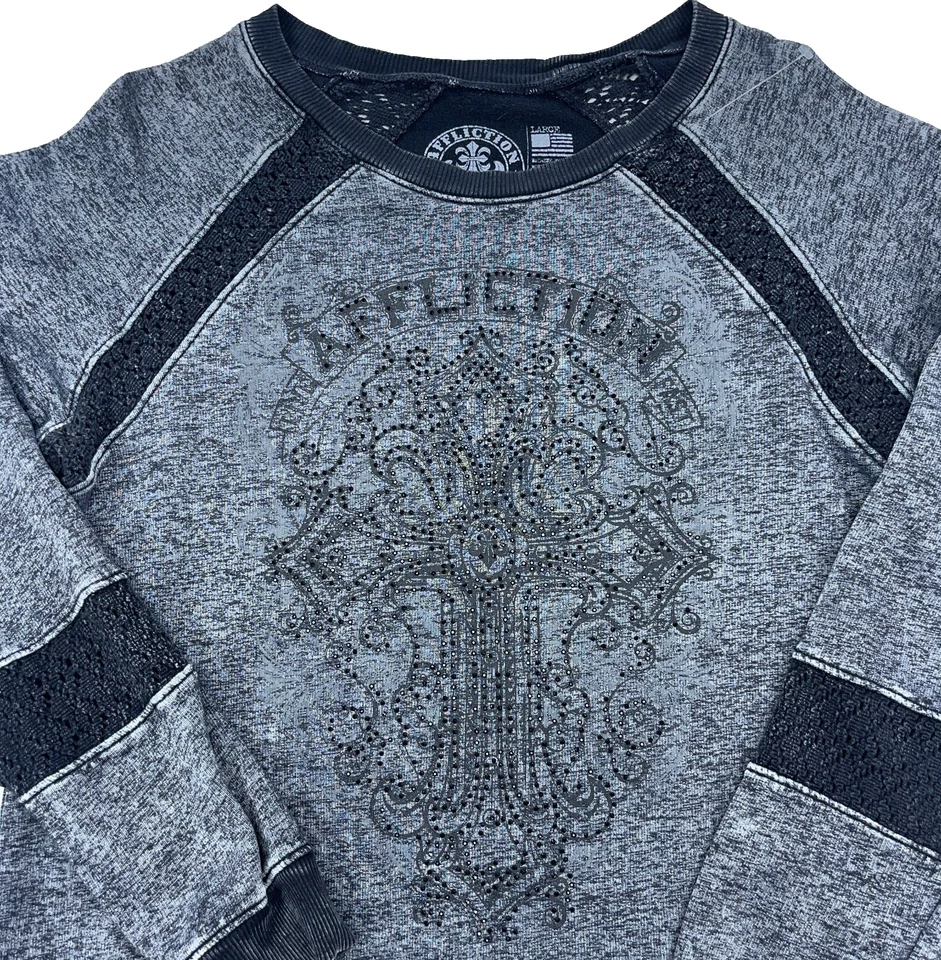 Affliction Sweatshirt Women Large Gray Black Crew Neck Sweater Goth Punk Cross - Image 3 of 4