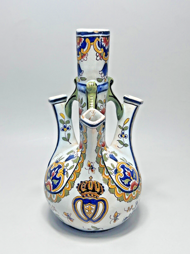 19c.Antique French Rouen Hand-Painted Ceramic Pottery Tulipiere Vase