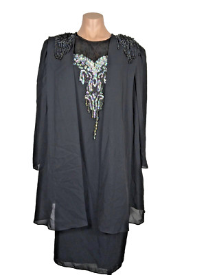 VTG 80s Speed Chiffon Crepe Sequin Beaded Flapper L/S Dress Flapper Illusion 13