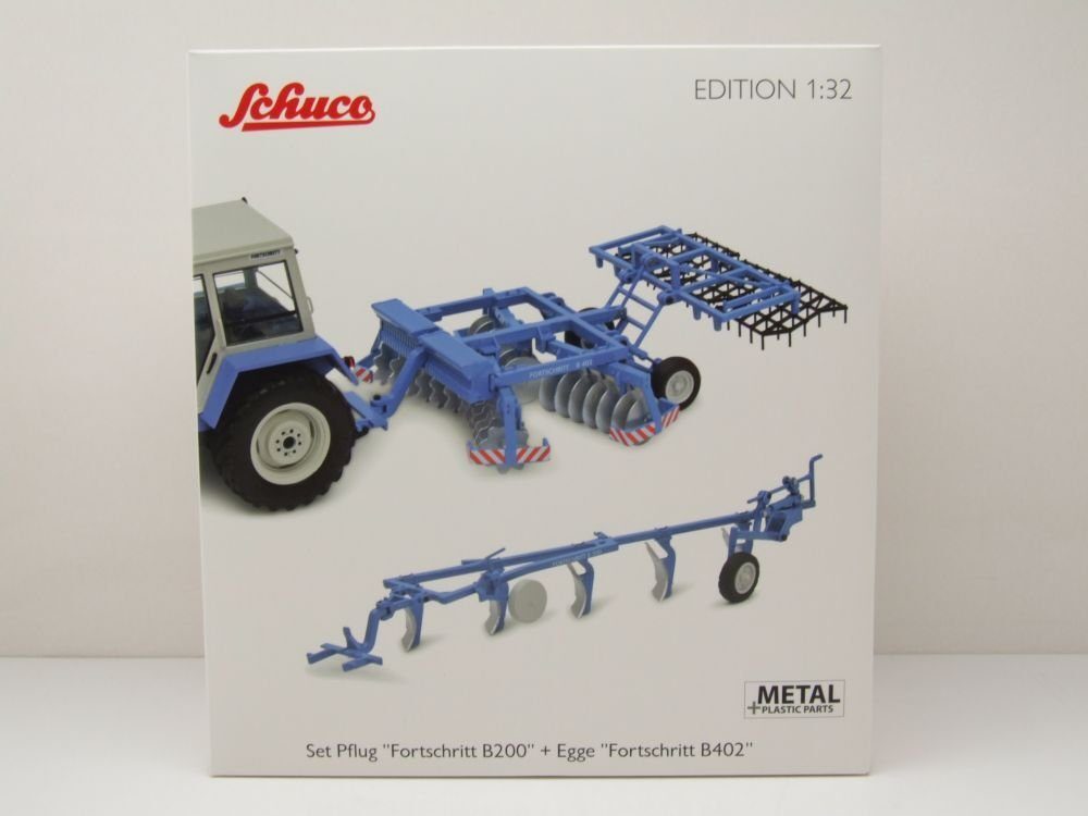 Set Pflug Fortschritt B200 und Egge B402 blau Modellauto 132 Schuco