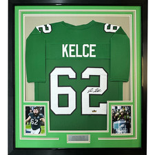 Framed Facsimile Autographed Jason Kelce 35x39 Kelly Green Reprint Jersey