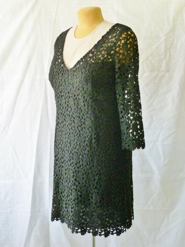 RARE Designer CHETTA B Black Crochet Guipure Lace V-Neck Cocktail Party Dress~14 - Picture 8 of 12