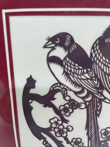 Asian Papercut Art - Two Birds Cut From Burgundy Paper - 4x4.5 - Picture 3 of 7