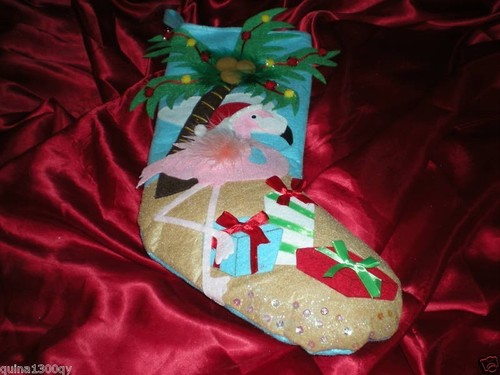 TROPICAL CHRISTMAS PINK FLAMINGO FEATHERS PALM TREE PACKAGES and BOWS STOCKING - Picture 7 of 9