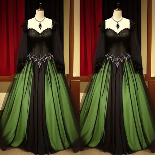 Gothic Black Green Wedding Dresses Long Sleeve Ball Gown A Line Bridal Gowns- - Picture 1 of 8