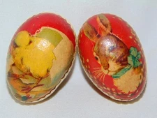 2 Antique GERMAN Red Paper Mache Rabbit & Chicks EASTER EGG Candy Containers