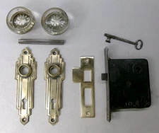 Antique Vintage Door Set Art Deco Backplates Glass Knobs Mortise Lock Key
