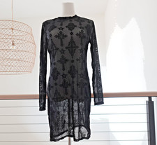 Killstar Gothic Sheer Lace Mini Dress L Long Sleeve Stretch Crosses Punk Witchy