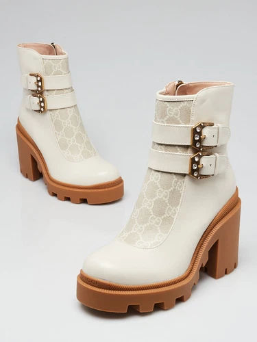 Bottes Gucci cuir blanc GG Supreme toile cristal boucle pointure 5,5/36