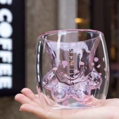 NEW Starbucks Sakura Cat Paw 6oz Double Wall Glass Cup Pink