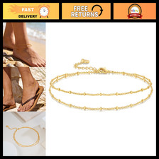 14K Gold Layered Anklets for Women, Adjustable Ankle Bracelets, 9.4in+1.6in
