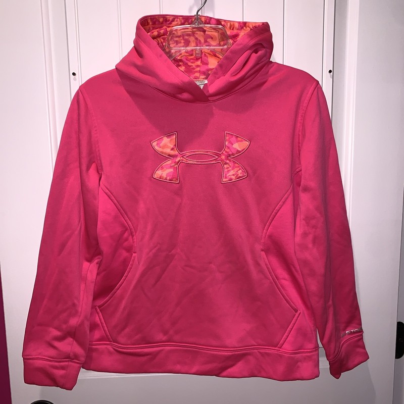Girls Youth Large Under Armour Pink and Orange Hooded Pullover Sweatshirt EUC