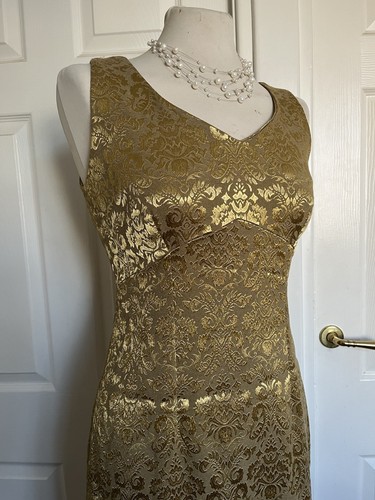 True Vintage ETAM 1990s Gold Baroque Jacquard Bodycon Dress UK 10-12 Petite - Picture 10 of 14