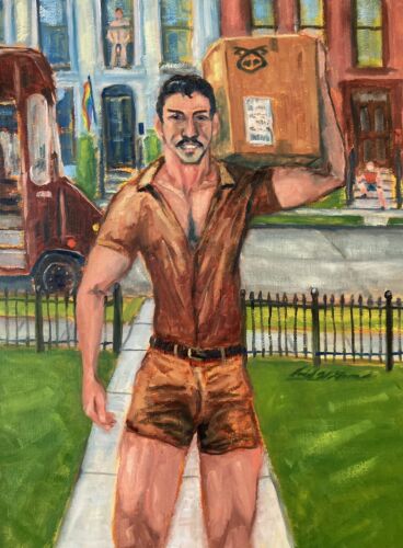 Dipinto a olio originale di interesse maschile gay di Daniel con uomo consegna verde - Foto 1 di 11