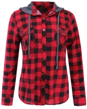 Women's Hooded Plaid Button Up Shirt Long Sleeve