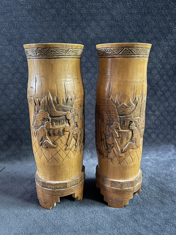 Винтажная китайская резная бамбуковая зеркальная ваза с ПОДПИСЬЮ - Изображение 3 из 4