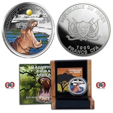 Niger 2012 Hippo 1000 Francs 1 Oz Silver Coin with Real Citrine Stone Insert