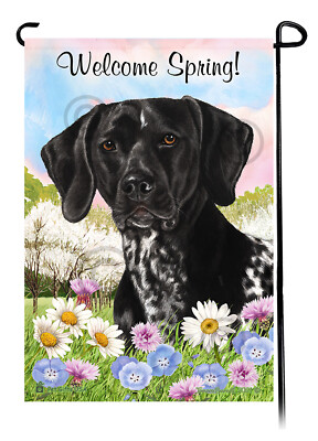 Welcome Spring Garden Flag - Black Roan German Shorthair Pointer
