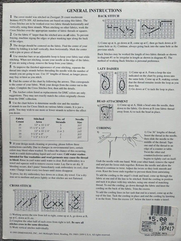 Dimensions Angel of Music Counted Cross Stitch Chart Leaflet 253 1995 New - Image 3 of 3
