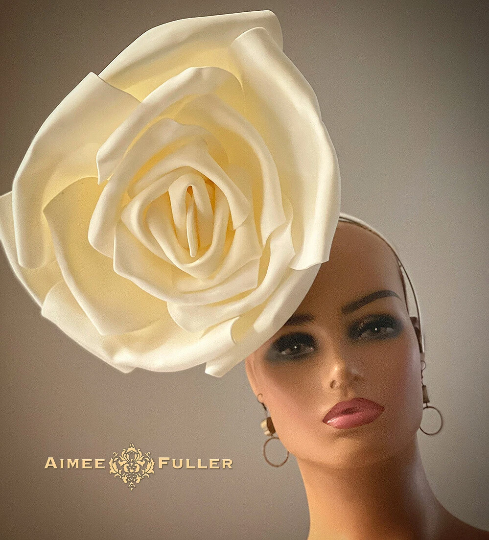 Kentucky Derby Hat White Rose Large Ascot Fascinator Bridal Floral
