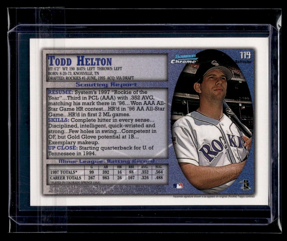 1998 Bowman Chrome Refractor #119 Todd Helton Rockies HOF - Image 2 of 2