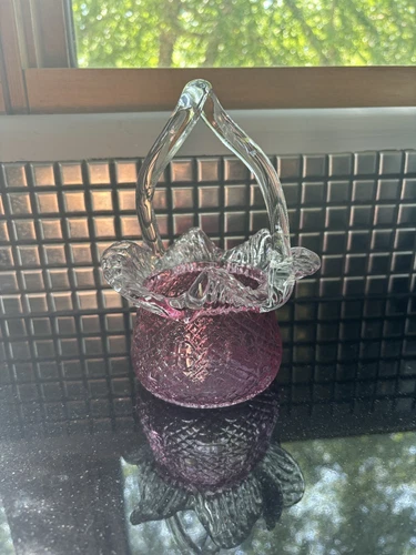 Beautiful Fenton Art Glass Twisted Handle Glass Basket Pink Color 7"H