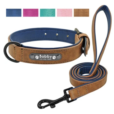 Leather Personalized Dog Collar and Leash Set Custom Engraved Pet ID Name Tag