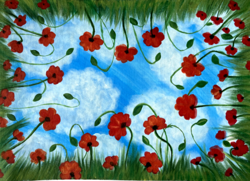 ORIGINAL Acrylic Painting Poppy Field in Grass Red Flowers Poppies A3 Landscape - Picture 1 of 7
