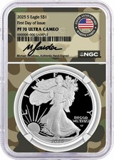 2025 S $1 Proof Silver Eagle Ngc Pf70 Ucam Fdoi Gaudioso Signed Marine Camo Core