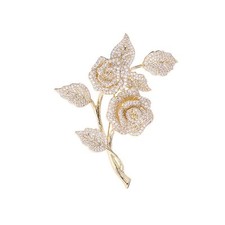 Gold Plated Clear Cubic Zirconia CZ Rose Flower Leaf Bouquet Brooch Pin