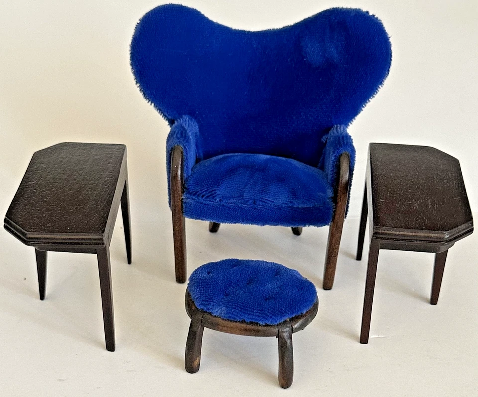 Vintage Velvet Dollhouse Wing Chair & Footstool + Sonia Messer Wood Side Tables - Image 2 of 4