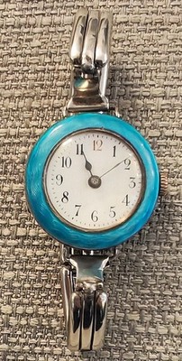 ANTIKE SILBER DAMEN UHR & STERLING ARMBAND BLAU GUILLOCHIERT EMAILLE SWISS um 1910