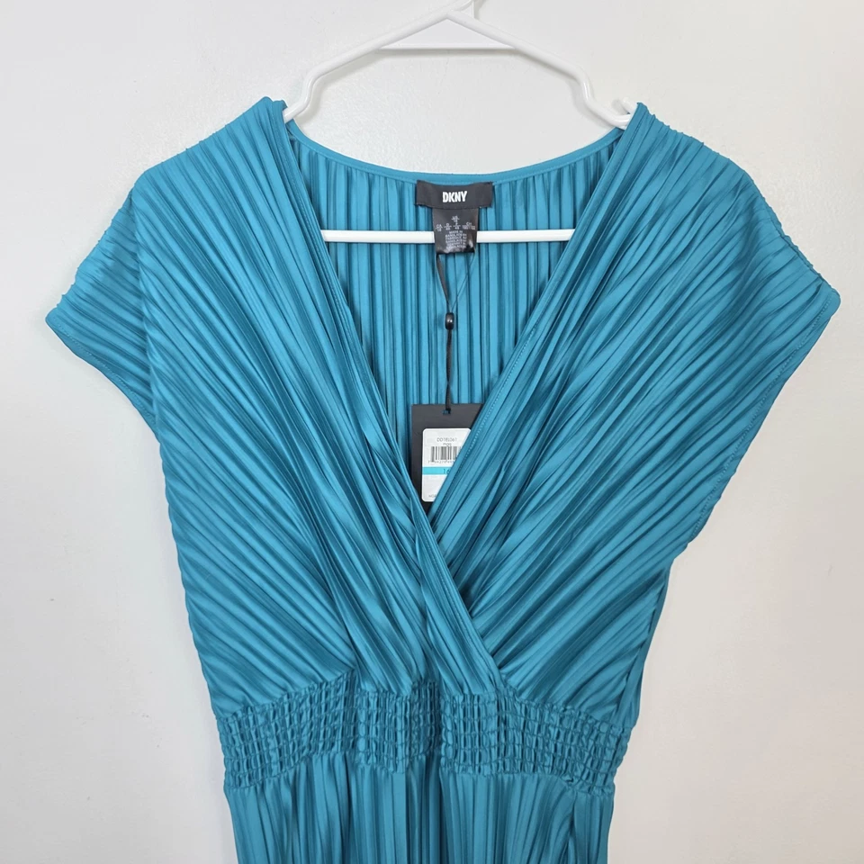 NUEVO DKNY Vestido Midi Azul Brillante Plisado Cintura Ajustada Fiesta Evento Talla 16 Foto 3 de 4