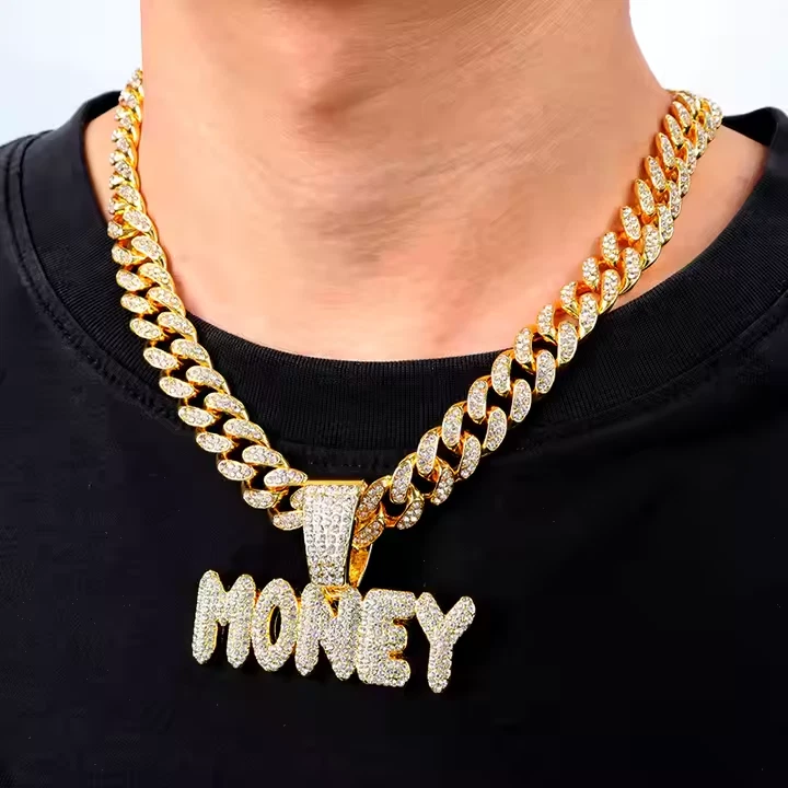 男式冰冷“钱”吊坠不锈钢 14K 白金电镀钻石 — 第 2/4 张图片