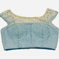 Stunning Sherri Hill Baby Blue Beaded Sequin Cropped Satin Low Back Top 10