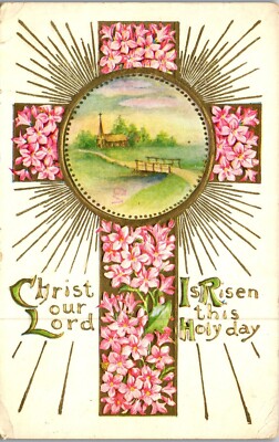 Vintage Easter Postcard Religious Christ our Lord is Risen Pink Cross Gilt c1910