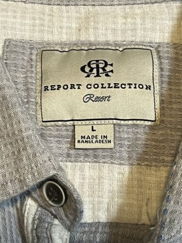 Report Collection Resort Shirt Men's Large Blue 100% Linen Resort Flip Cuff - Picture 2 of 6