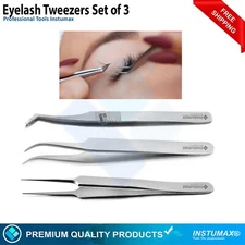 Eyelash Extension Tweezers Set of 3 Straight, Curved & L-Type Stainless Steel
