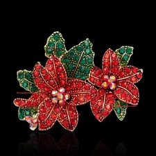 Poinsettias Christmas Crystal Rhinestone Brooch Pin Gold Foil Cloth Bag- VIDEO