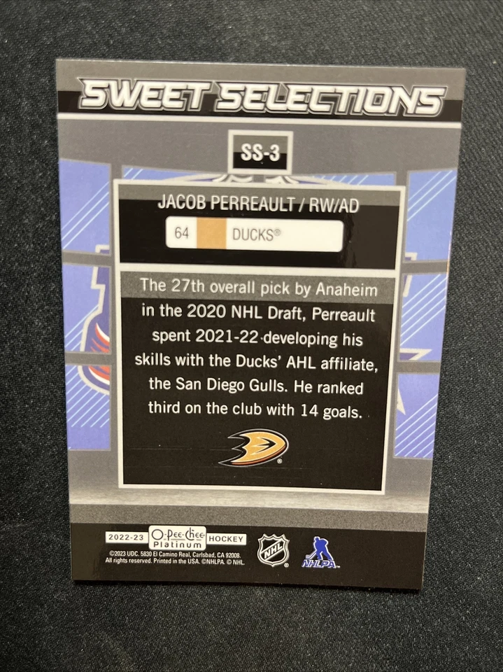 22-23 UD O-Pee-Chee Platinum RC Sweet Selections SS-3 Jacob Perreault - Image 2 of 2