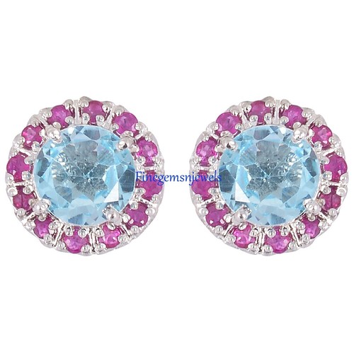 Natural Blue topaz & Ruby Gemstones 925 Sterling silver Cufflinks for Men's #F57 - Picture 2 of 3