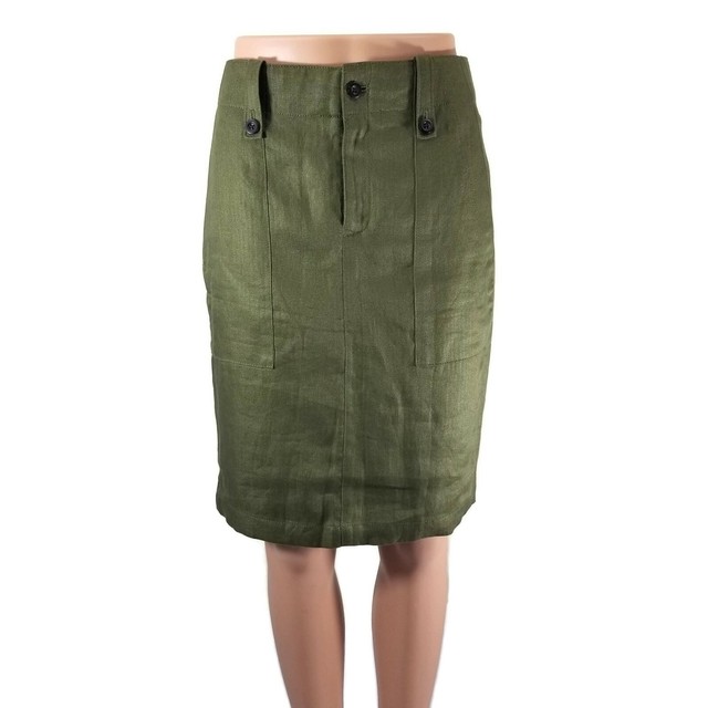 J.Crew Linen Cargo Pencil Skirt Khaki Green Herringbone Size 00 Style